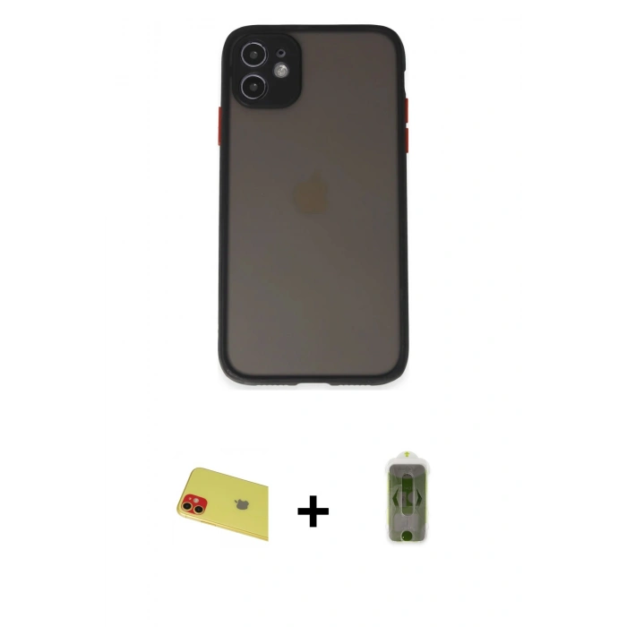 MARSİLYAN™- iPhone 11 Kılıf Ahenk Çizgi Serisi - Siyah Joko Magic 5D Hayalet Cam + Rainbow Kamera Lens Koruma Cam - KI