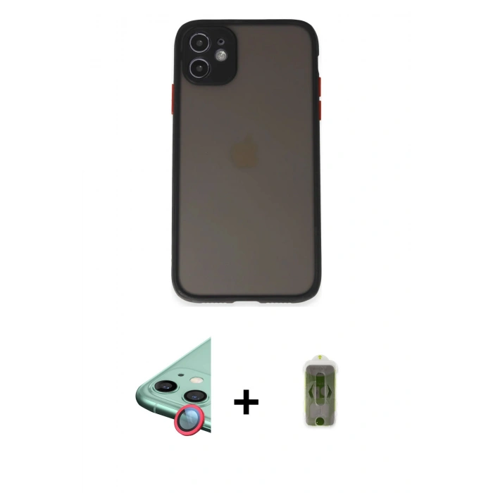 MARSİLYAN™- iPhone 11 Kılıf Ahenk Çizgi Serisi - Siyah Joko Magic 5D Hayalet Cam + Raze Metal Kamera Lens - KI