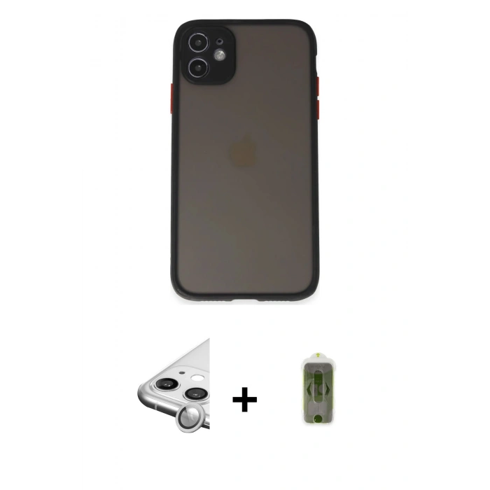 MARSİLYAN™- iPhone 11 Kılıf Ahenk Çizgi Serisi - Siyah Joko Magic 5D Hayalet Cam + Raze Metal Kamera Lens - GS