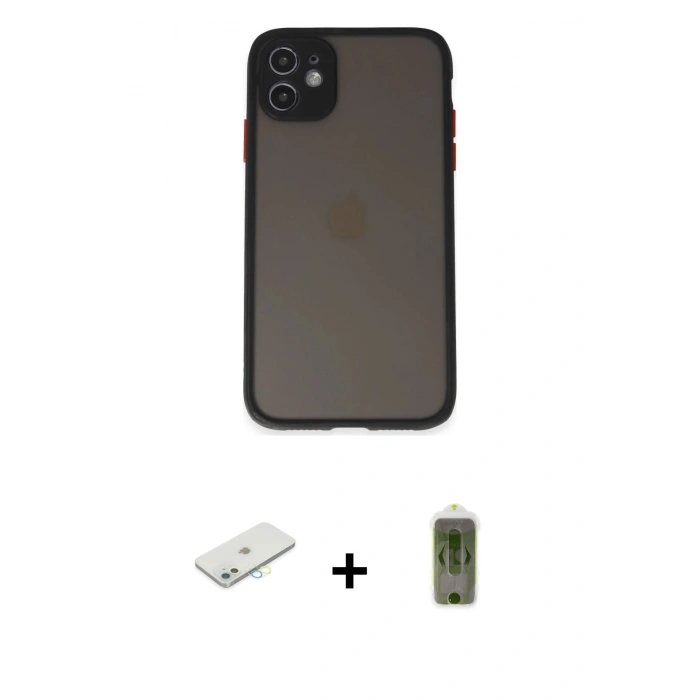 MARSİLYAN™- iPhone 11 Kılıf Ahenk Çizgi Serisi - Siyah Joko Magic 5D Hayalet Cam + Renkli Kamera Lens Koruma Cam - SI