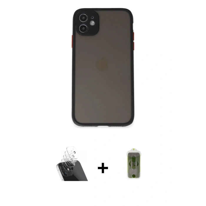 MARSİLYAN™- iPhone 11 Kılıf Ahenk Çizgi Serisi - Siyah Joko Magic 5D Hayalet Cam + Kamera Lens Koruma Cam - SF