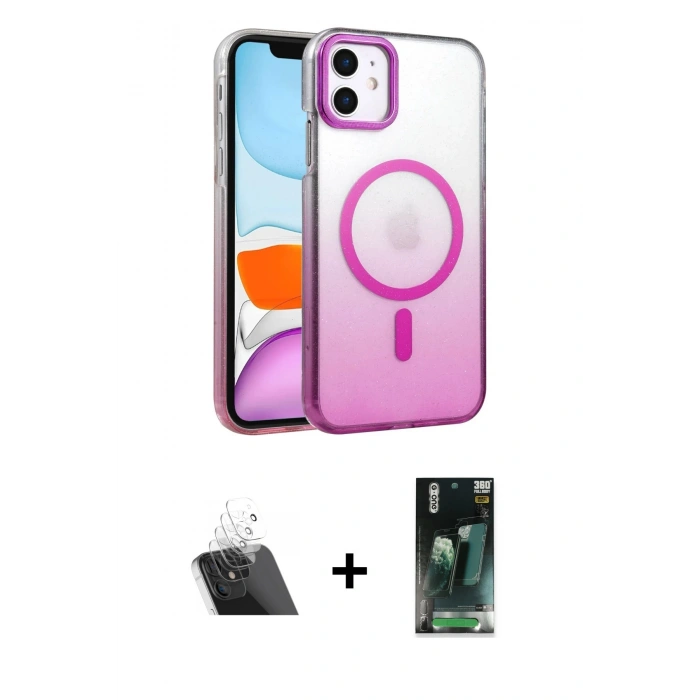 MARSİLYAN™- iPhone 11 Kılıf Ahenk Doku Özel Seri - Şeffaf 360 Full Body Arka Koruyucu + Kamera Lens Koruma Cam - SF
