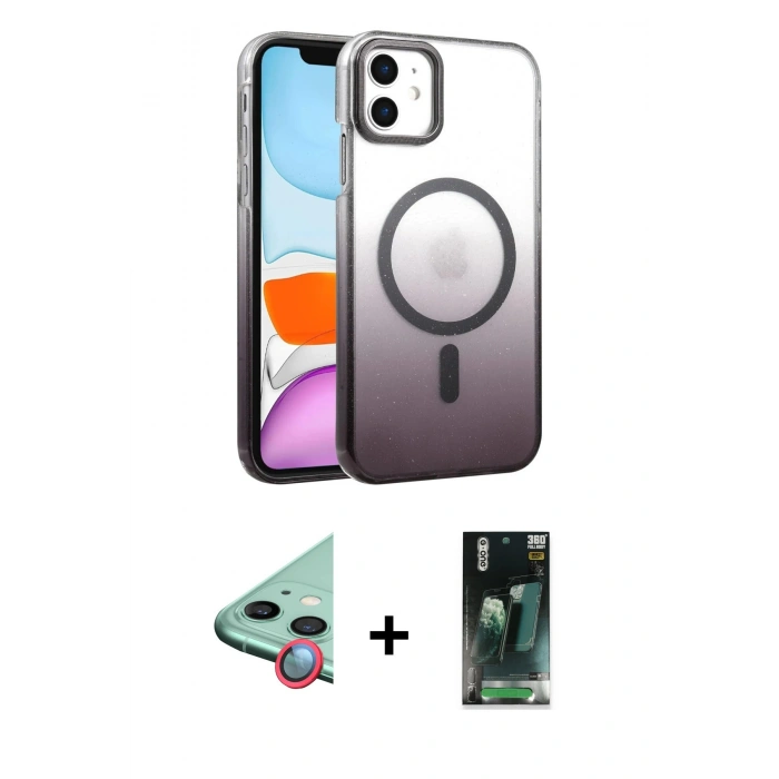 MARSİLYAN™- iPhone 11 Kılıf Ahenk Doku Özel Seri - Şeffaf 360 Full Body Arka Koruyucu + Raze Metal Kamera Lens - KI