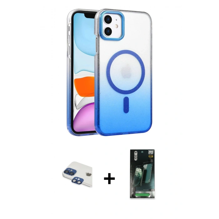 MARSİLYAN™- iPhone 11 Kılıf Ahenk Doku Özel Seri - Şeffaf 360 Full Body Arka Koruyucu + Pers Alüminyum Kamera Lens - LT