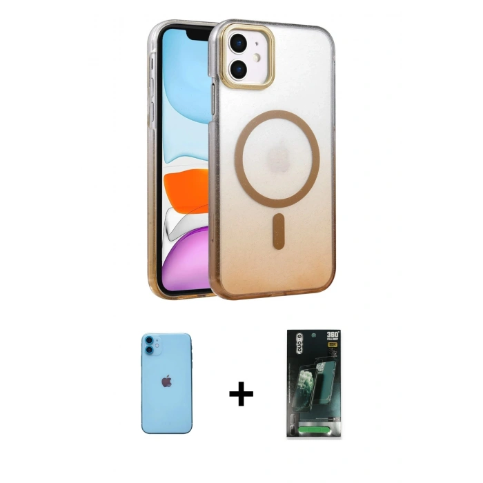 MARSİLYAN™- iPhone 11 Kılıf Ahenk Doku Özel Seri - Şeffaf 360 Full Body Arka Koruyucu + Neon Fosforlu Kamera Lens - MI