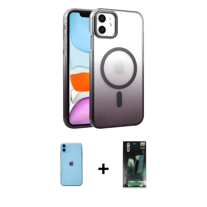 MARSİLYAN™- iPhone 11 Kılıf Ahenk Doku Özel Seri - Şeffaf 360 Full Body Arka Koruyucu + Neon Fosforlu Kamera Lens - MI