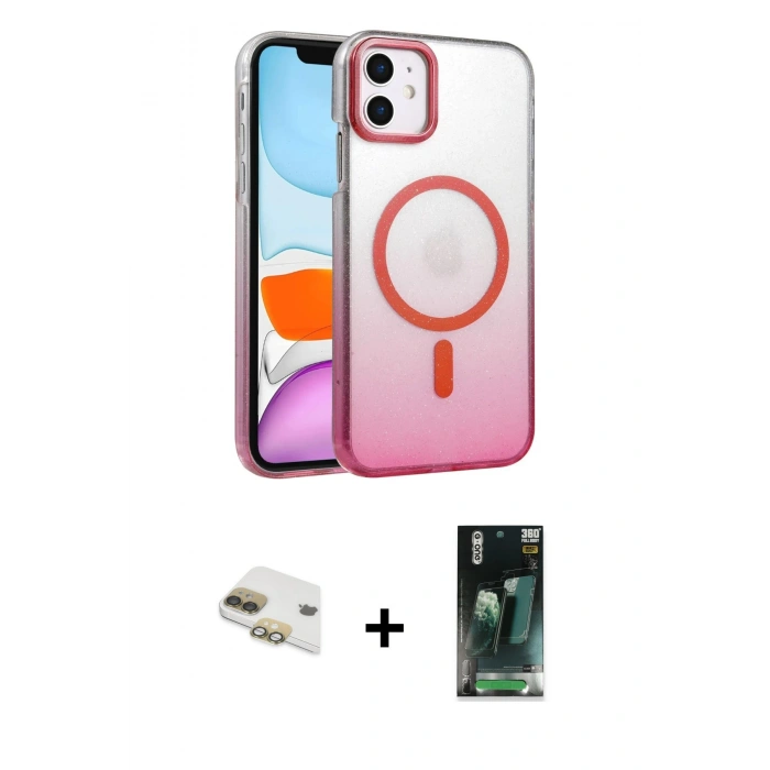MARSİLYAN™- iPhone 11 Kılıf Ahenk Doku Özel Seri - Şeffaf 360 Full Body Arka Koruyucu + Pers Alüminyum Kamera Lens - GD