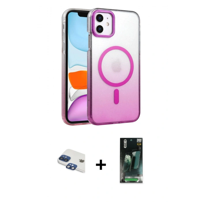 MARSİLYAN™- iPhone 11 Kılıf Ahenk Doku Özel Seri - Şeffaf 360 Full Body Arka Koruyucu + Pers Alüminyum Kamera Lens - LT