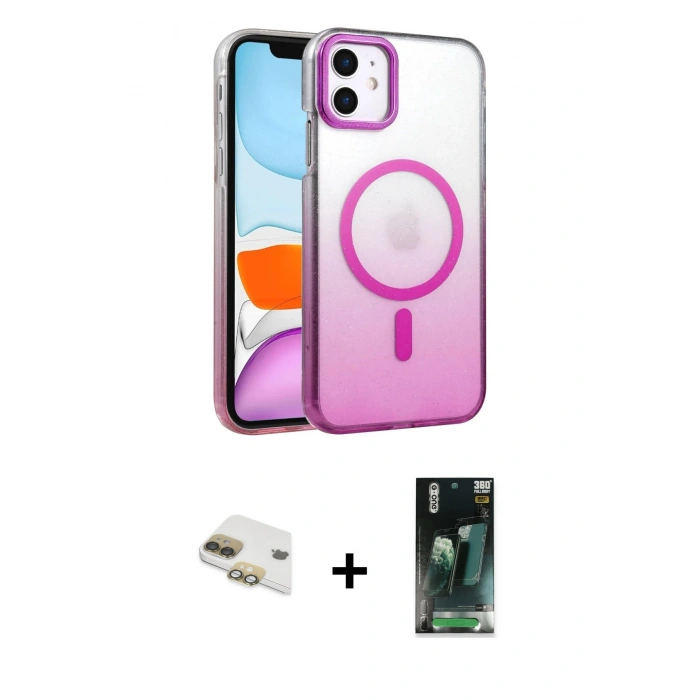 MARSİLYAN™- iPhone 11 Kılıf Ahenk Doku Özel Seri - Şeffaf 360 Full Body Arka Koruyucu + Pers Alüminyum Kamera Lens - GD