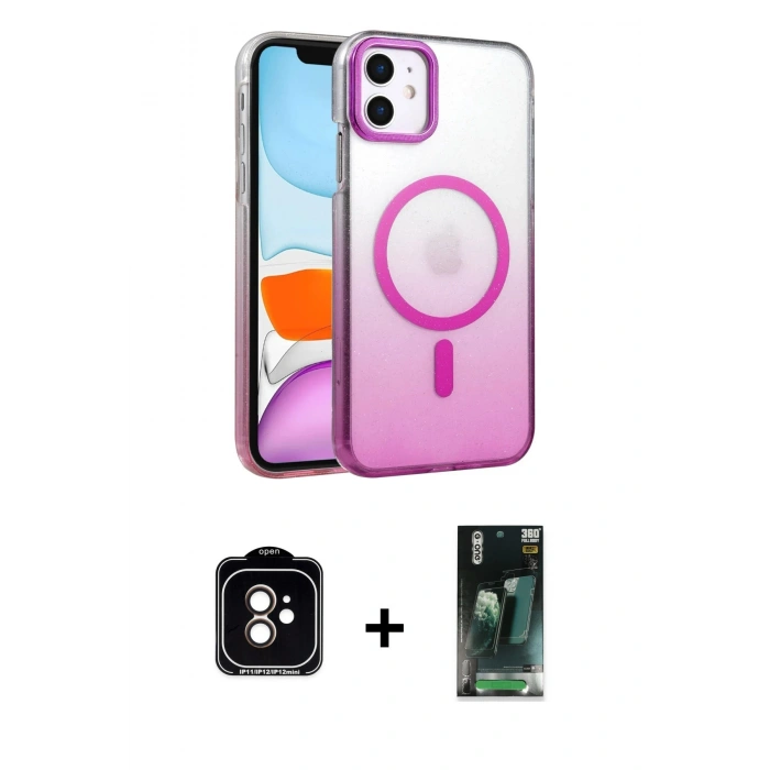 MARSİLYAN™- iPhone 11 Kılıf Ahenk Doku Özel Seri - Şeffaf 360 Full Body Arka Koruyucu + Turuncu PVD Metal Kamera Lens
