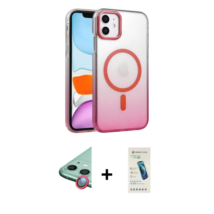MARSİLYAN™- iPhone 11 Kılıf Ahenk Doku Özel Seri - Şeffaf Pasifik Cam Ekran Koruyucu + Raze Metal Kamera Lens - KI