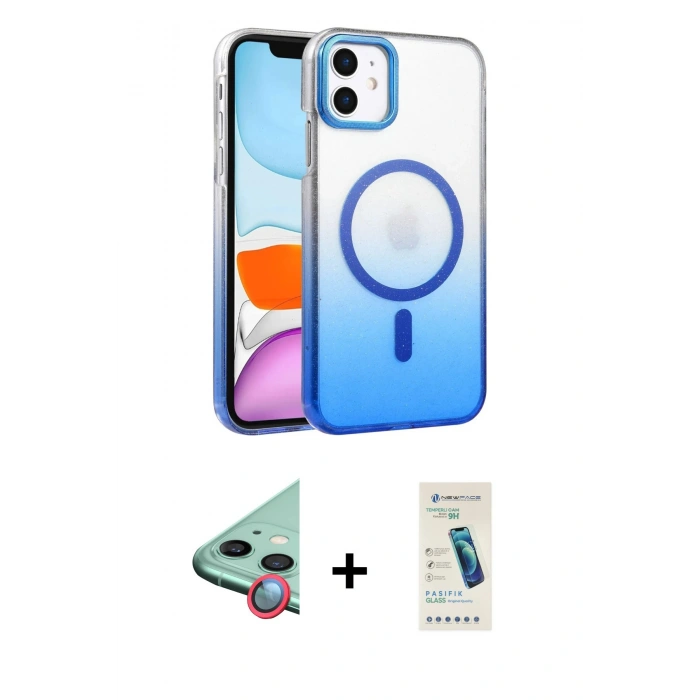MARSİLYAN™- iPhone 11 Kılıf Ahenk Doku Özel Seri - Şeffaf Pasifik Cam Ekran Koruyucu + Raze Metal Kamera Lens - KI