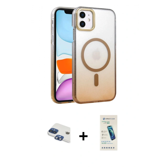 MARSİLYAN™- iPhone 11 Kılıf Ahenk Doku Özel Seri - Şeffaf Pasifik Cam Ekran Koruyucu + Pers Alüminyum Kamera Lens - LT