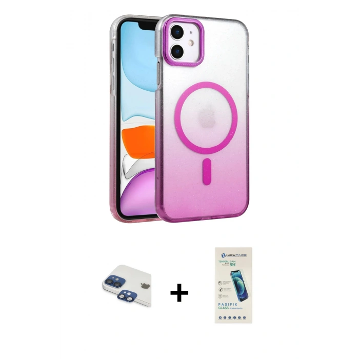 MARSİLYAN™- iPhone 11 Kılıf Ahenk Doku Özel Seri - Şeffaf Pasifik Cam Ekran Koruyucu + Pers Alüminyum Kamera Lens - LT