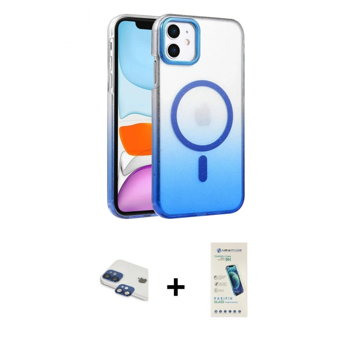 MARSİLYAN™- iPhone 11 Kılıf Ahenk Doku Özel Seri - Şeffaf Pasifik Cam Ekran Koruyucu + Pers Alüminyum Kamera Lens - LT