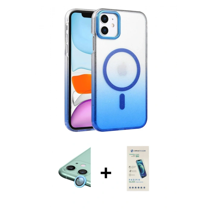 MARSİLYAN™- iPhone 11 Kılıf Ahenk Doku Özel Seri - Şeffaf Pasifik Cam Ekran Koruyucu + Raze Metal Kamera Lens - MI