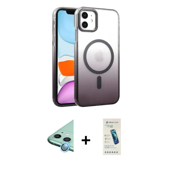 MARSİLYAN™- iPhone 11 Kılıf Ahenk Doku Özel Seri - Şeffaf Pasifik Cam Ekran Koruyucu + Raze Metal Kamera Lens - MI