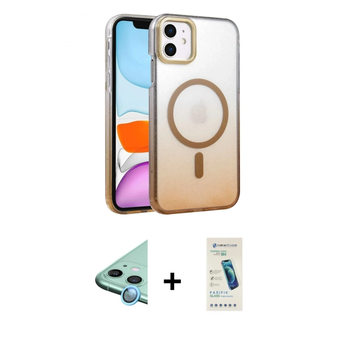 MARSİLYAN™- iPhone 11 Kılıf Ahenk Doku Özel Seri - Şeffaf Pasifik Cam Ekran Koruyucu + Raze Metal Kamera Lens - MI