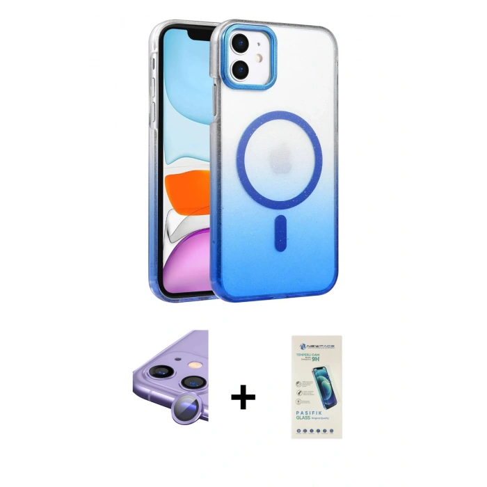 MARSİLYAN™- iPhone 11 Kılıf Ahenk Doku Özel Seri - Şeffaf Pasifik Cam Ekran Koruyucu + Raze Metal Kamera Lens - MR