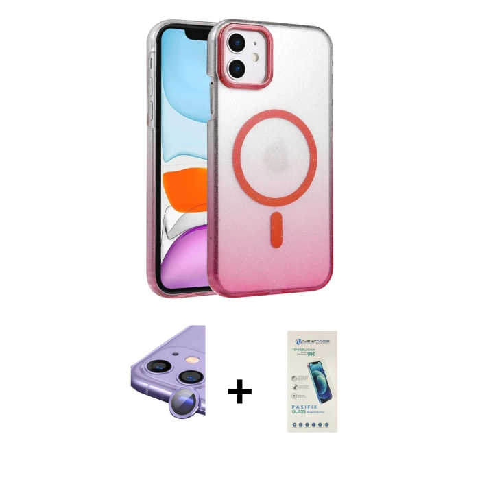 MARSİLYAN™- iPhone 11 Kılıf Ahenk Doku Özel Seri - Şeffaf Pasifik Cam Ekran Koruyucu + Raze Metal Kamera Lens - MR