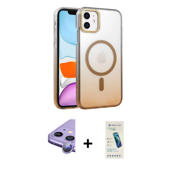 MARSİLYAN™- iPhone 11 Kılıf Ahenk Doku Özel Seri - Şeffaf Pasifik Cam Ekran Koruyucu + Raze Metal Kamera Lens - MR