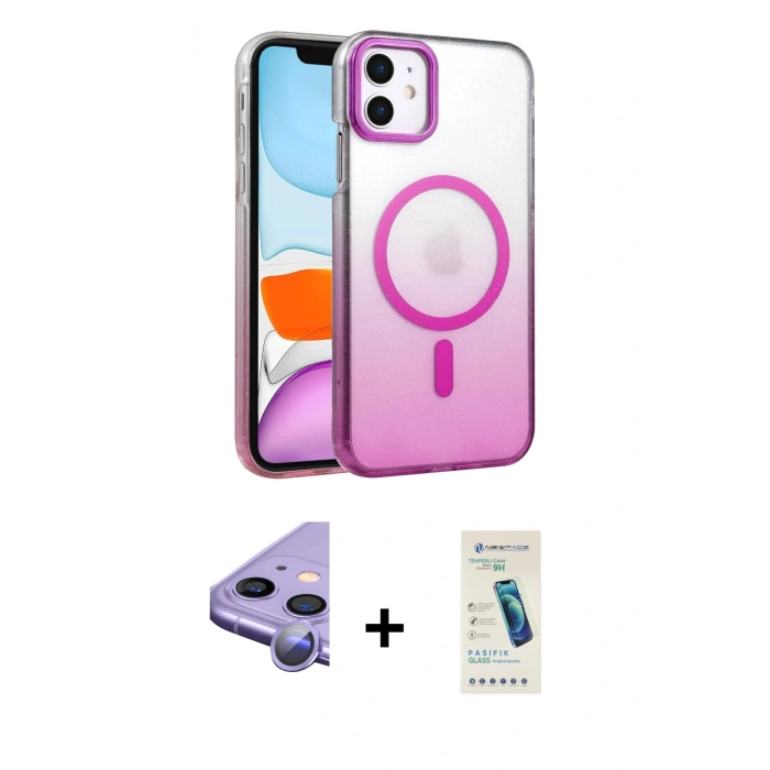 MARSİLYAN™- iPhone 11 Kılıf Ahenk Doku Özel Seri - Şeffaf Pasifik Cam Ekran Koruyucu + Raze Metal Kamera Lens - MR