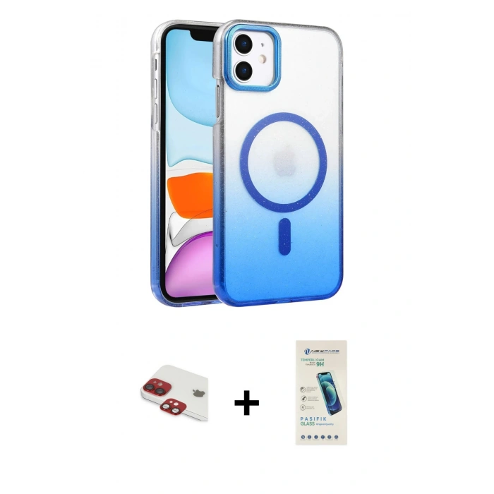 MARSİLYAN™- iPhone 11 Kılıf Ahenk Doku Özel Seri - Şeffaf Pasifik Cam Ekran Koruyucu + Pers Alüminyum Kamera Lens - KI