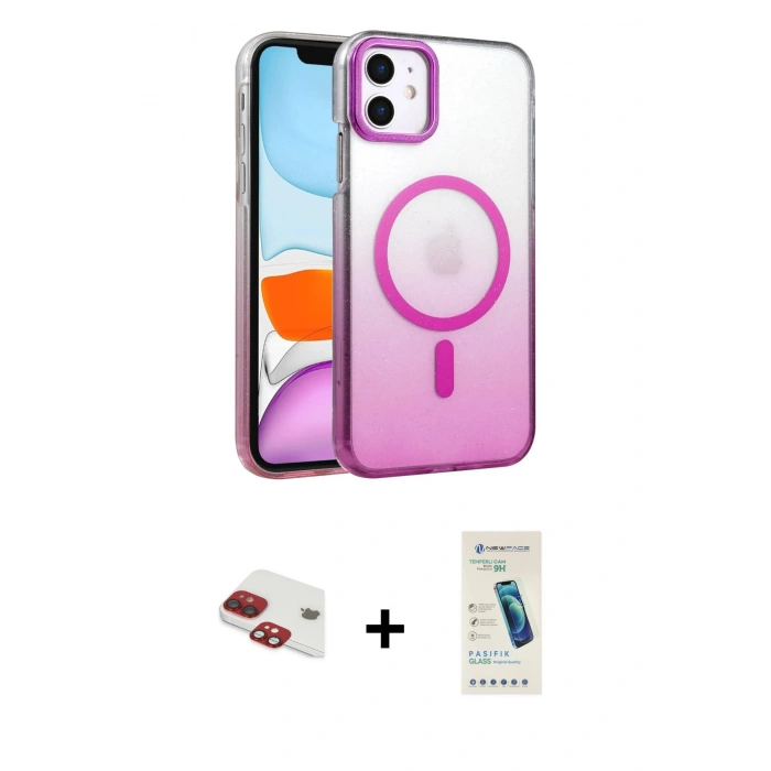 MARSİLYAN™- iPhone 11 Kılıf Ahenk Doku Özel Seri - Şeffaf Pasifik Cam Ekran Koruyucu + Pers Alüminyum Kamera Lens - KI
