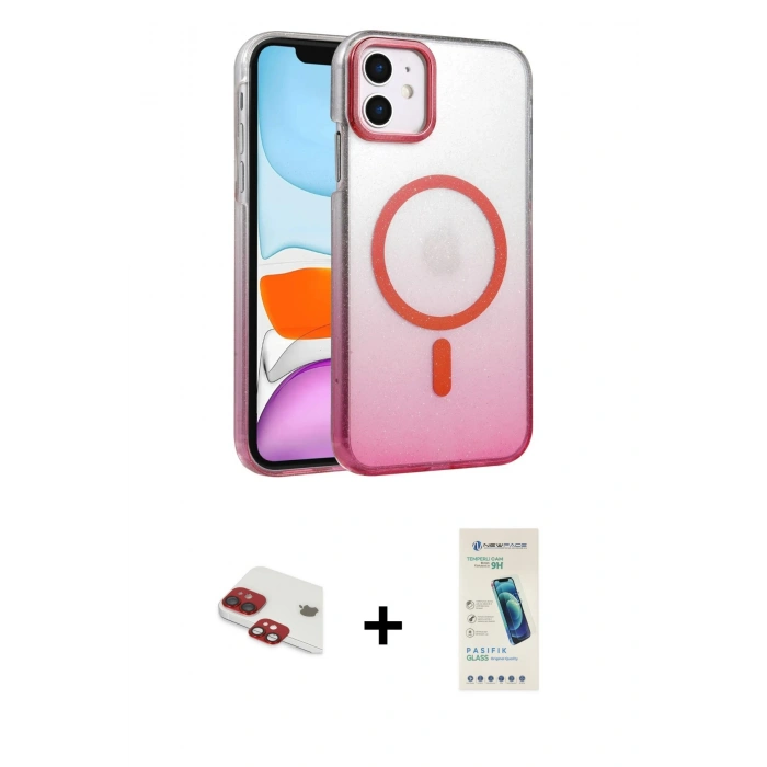 MARSİLYAN™- iPhone 11 Kılıf Ahenk Doku Özel Seri - Şeffaf Pasifik Cam Ekran Koruyucu + Pers Alüminyum Kamera Lens - KI