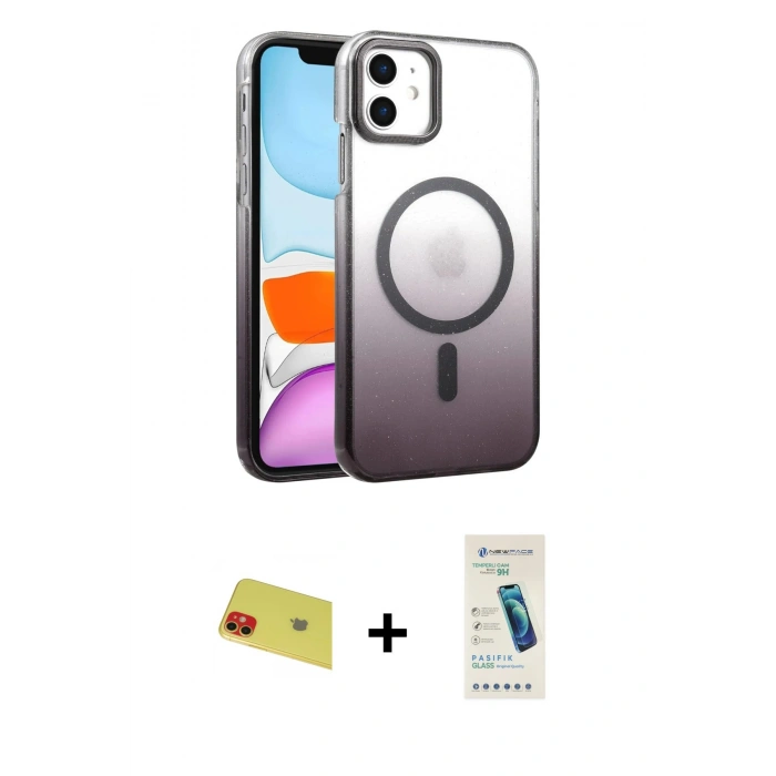 MARSİLYAN™- iPhone 11 Kılıf Ahenk Doku Özel Seri - Şeffaf Pasifik Cam Ekran Koruyucu + Rainbow Kamera Lens Koruma Cam - KI