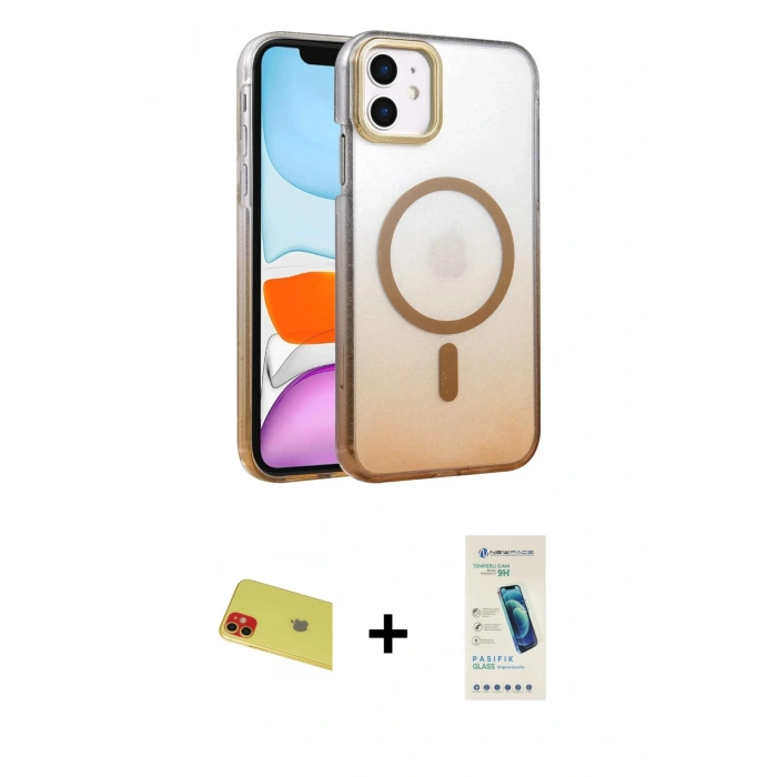 MARSİLYAN™- iPhone 11 Kılıf Ahenk Doku Özel Seri - Şeffaf Pasifik Cam Ekran Koruyucu + Rainbow Kamera Lens Koruma Cam - KI