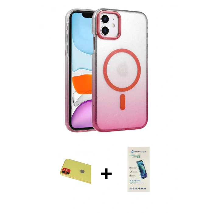 MARSİLYAN™- iPhone 11 Kılıf Ahenk Doku Özel Seri - Şeffaf Pasifik Cam Ekran Koruyucu + Rainbow Kamera Lens Koruma Cam - KI