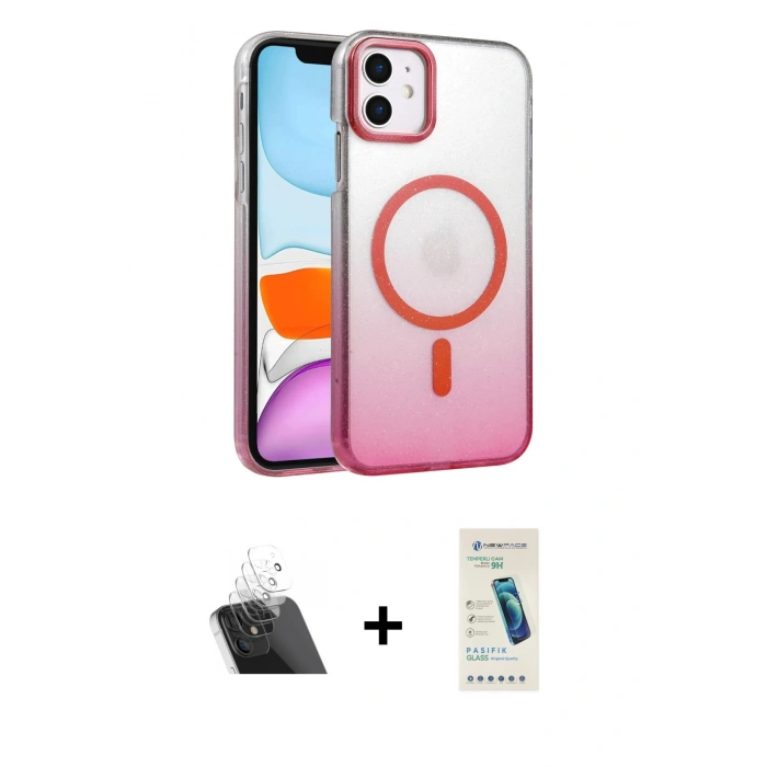 MARSİLYAN™- iPhone 11 Kılıf Ahenk Doku Özel Seri - Şeffaf Pasifik Cam Ekran Koruyucu + Kamera Lens Koruma Cam - SF