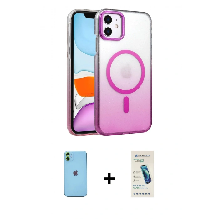 MARSİLYAN™- iPhone 11 Kılıf Ahenk Doku Özel Seri - Şeffaf Pasifik Cam Ekran Koruyucu + Neon Fosforlu Kamera Lens - YL