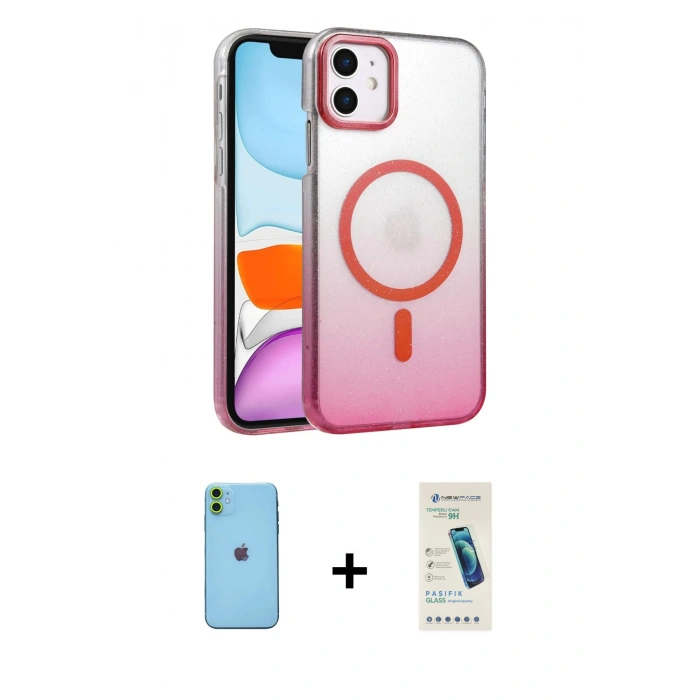 MARSİLYAN™- iPhone 11 Kılıf Ahenk Doku Özel Seri - Şeffaf Pasifik Cam Ekran Koruyucu + Neon Fosforlu Kamera Lens - YL