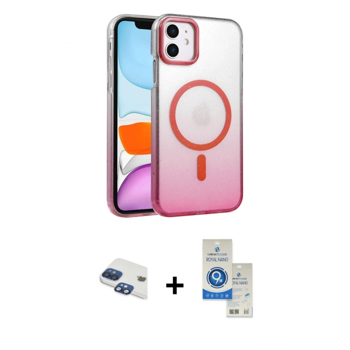 MARSİLYAN™- iPhone 11 Kılıf Ahenk Doku Özel Seri - Şeffaf Royal Nano Ekran Koruyucu + Pers Alüminyum Kamera Lens - LT