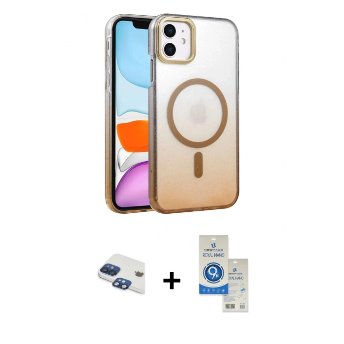 MARSİLYAN™- iPhone 11 Kılıf Ahenk Doku Özel Seri - Şeffaf Royal Nano Ekran Koruyucu + Pers Alüminyum Kamera Lens - LT