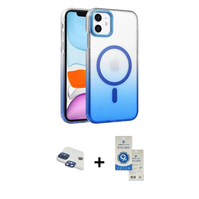 MARSİLYAN™- iPhone 11 Kılıf Ahenk Doku Özel Seri - Şeffaf Royal Nano Ekran Koruyucu + Pers Alüminyum Kamera Lens - LT