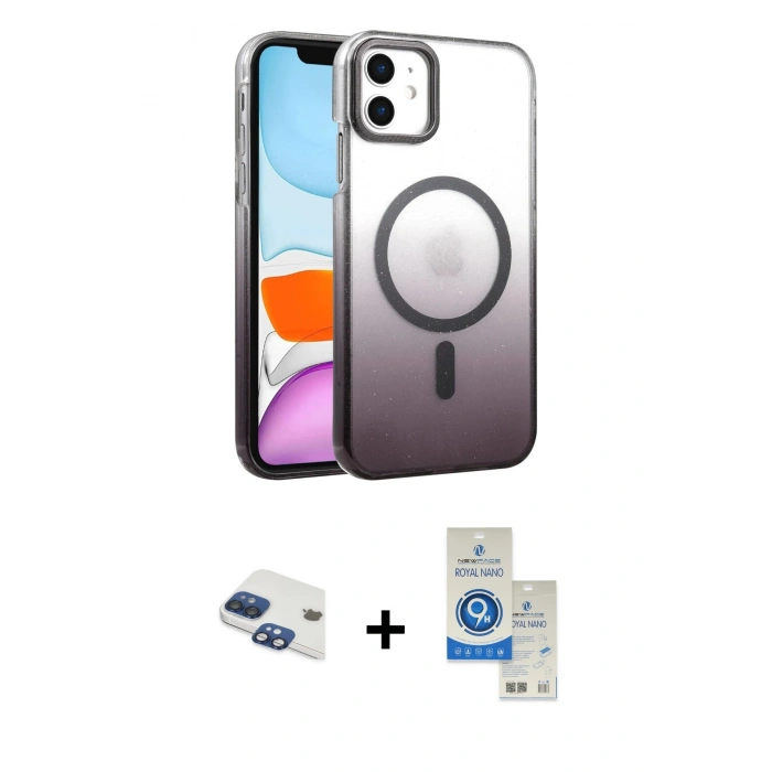 MARSİLYAN™- iPhone 11 Kılıf Ahenk Doku Özel Seri - Şeffaf Royal Nano Ekran Koruyucu + Pers Alüminyum Kamera Lens - LT