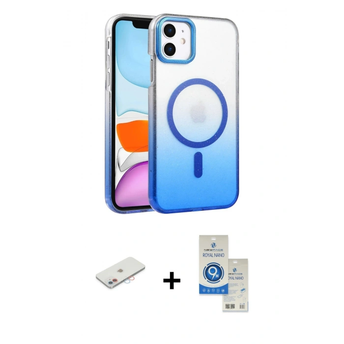 MARSİLYAN™- iPhone 11 Kılıf Ahenk Doku Özel Seri - Şeffaf Royal Nano Ekran Koruyucu + Renkli Kamera Lens Koruma Cam - PE