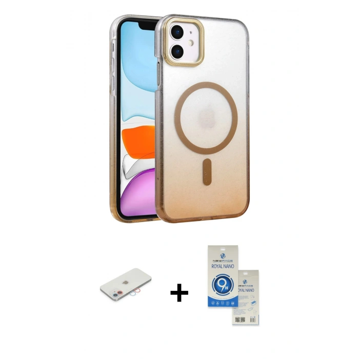 MARSİLYAN™- iPhone 11 Kılıf Ahenk Doku Özel Seri - Şeffaf Royal Nano Ekran Koruyucu + Renkli Kamera Lens Koruma Cam - PE