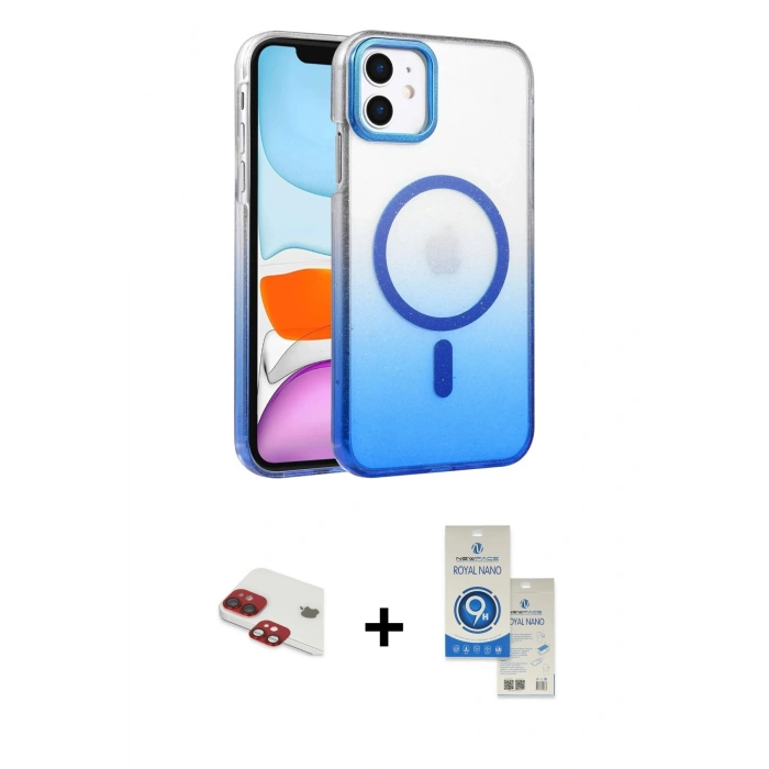 MARSİLYAN™- iPhone 11 Kılıf Ahenk Doku Özel Seri - Şeffaf Royal Nano Ekran Koruyucu + Pers Alüminyum Kamera Lens - KI