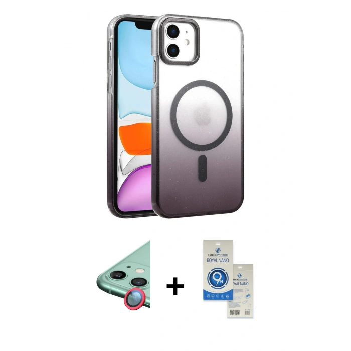 MARSİLYAN™- iPhone 11 Kılıf Ahenk Doku Özel Seri - Şeffaf Royal Nano Ekran Koruyucu + Raze Metal Kamera Lens - KI