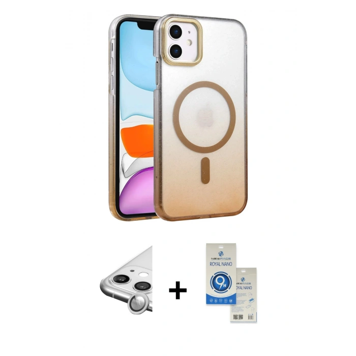 MARSİLYAN™- iPhone 11 Kılıf Ahenk Doku Özel Seri - Şeffaf Royal Nano Ekran Koruyucu + Raze Metal Kamera Lens - GS