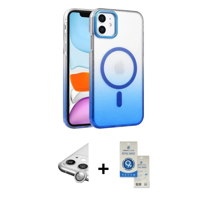 MARSİLYAN™- iPhone 11 Kılıf Ahenk Doku Özel Seri - Şeffaf Royal Nano Ekran Koruyucu + Raze Metal Kamera Lens - GS