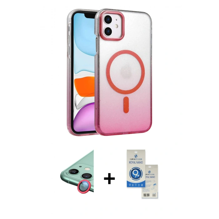 MARSİLYAN™- iPhone 11 Kılıf Ahenk Doku Özel Seri - Şeffaf Royal Nano Ekran Koruyucu + Raze Metal Kamera Lens - KI