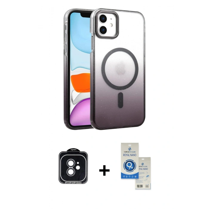 MARSİLYAN™- iPhone 11 Kılıf Ahenk Doku Özel Seri - Şeffaf Royal Nano Ekran Koruyucu + PVD Metal Kamera Lens - SH