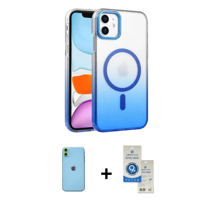 MARSİLYAN™- iPhone 11 Kılıf Ahenk Doku Özel Seri - Şeffaf Royal Nano Ekran Koruyucu + Neon Fosforlu Kamera Lens - YL