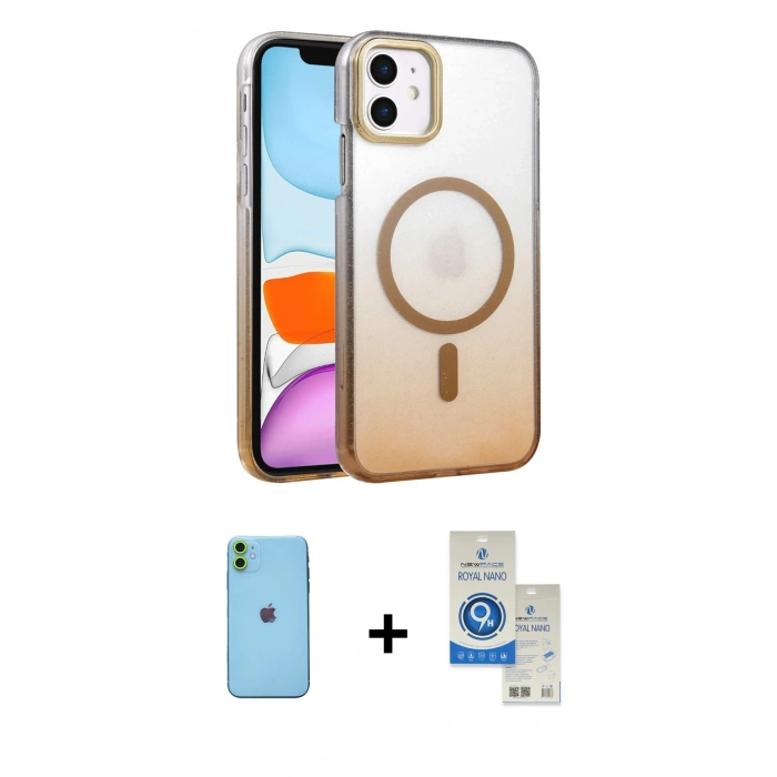 MARSİLYAN™- iPhone 11 Kılıf Ahenk Doku Özel Seri - Şeffaf Royal Nano Ekran Koruyucu + Neon Fosforlu Kamera Lens - YL