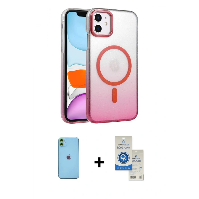 MARSİLYAN™- iPhone 11 Kılıf Ahenk Doku Özel Seri - Şeffaf Royal Nano Ekran Koruyucu + Neon Fosforlu Kamera Lens - YL
